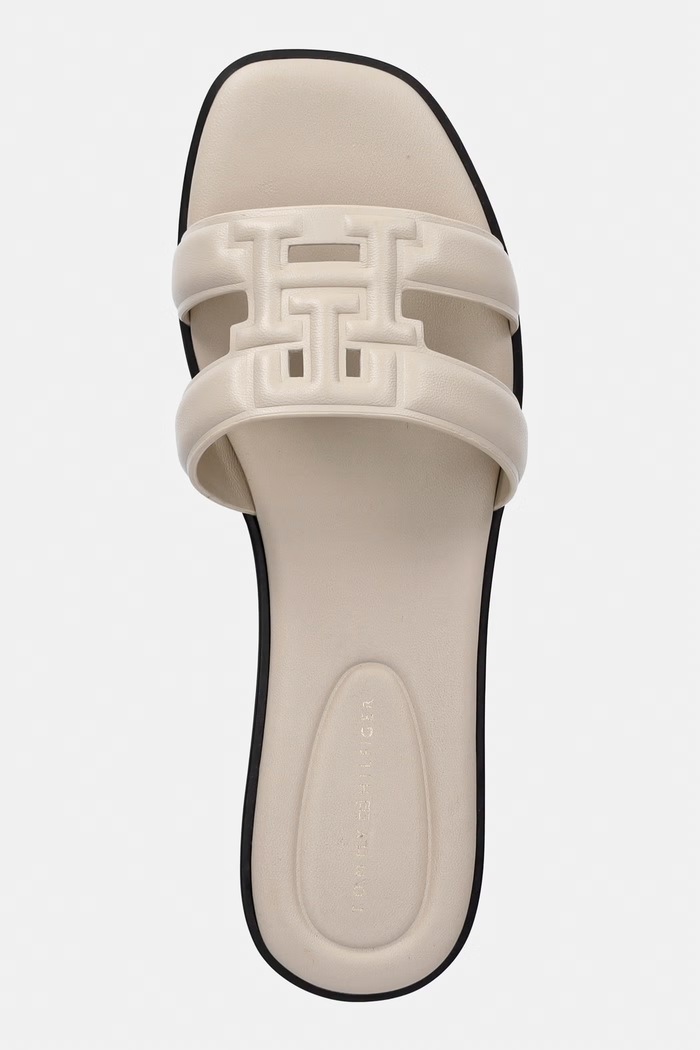 Tommy Hilfiger papuci cu toc plat pentru femei, din piele TH LOGO STRAP MULE bej FW0FW08671