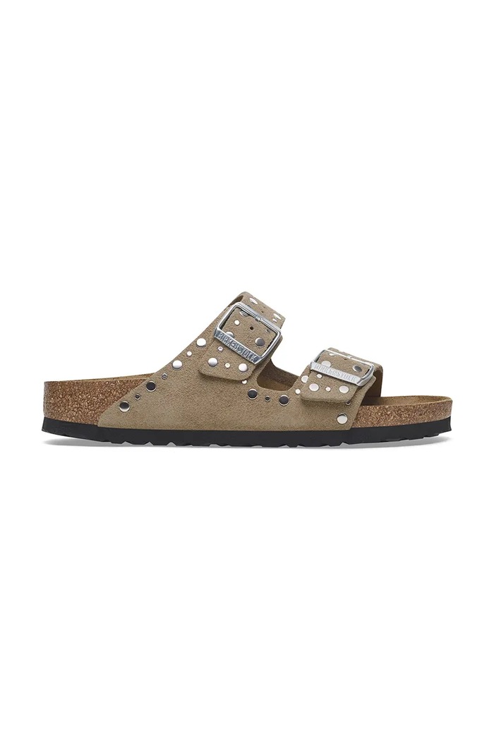 Birkenstock klapki zamszowe Arizona Rivet płaski brązowy 1029390