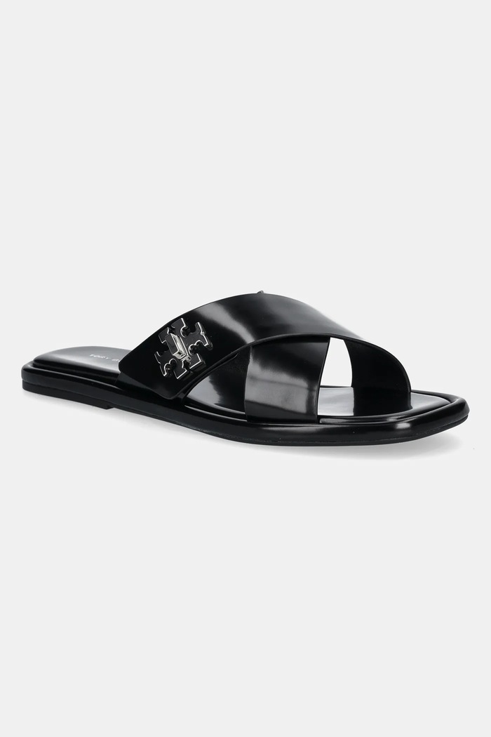 Δερμάτινες παντόφλες Tory Burch T Lock Cross Band Slide φλατ μαύρο 170611.006