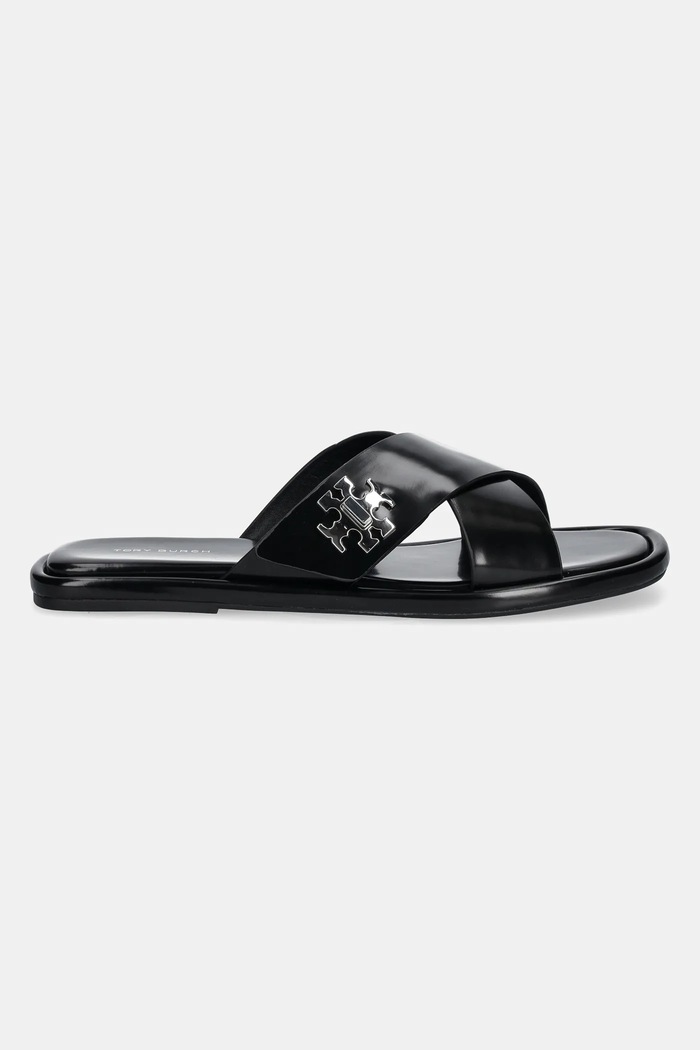 Δερμάτινες παντόφλες Tory Burch T Lock Cross Band Slide 170611.006 μαύρο SS25