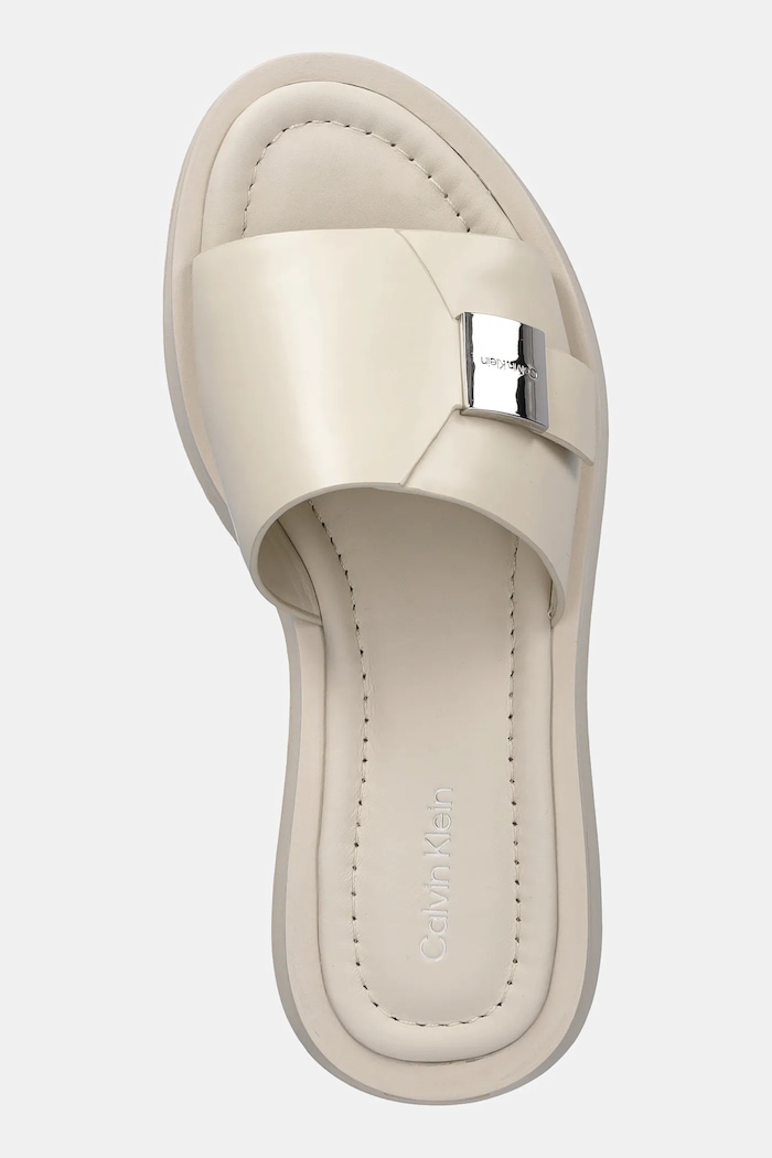 Kožené šľapky Calvin Klein FLATFORM SLIDE W/CK HW - LTH béžová HW0HW02368
