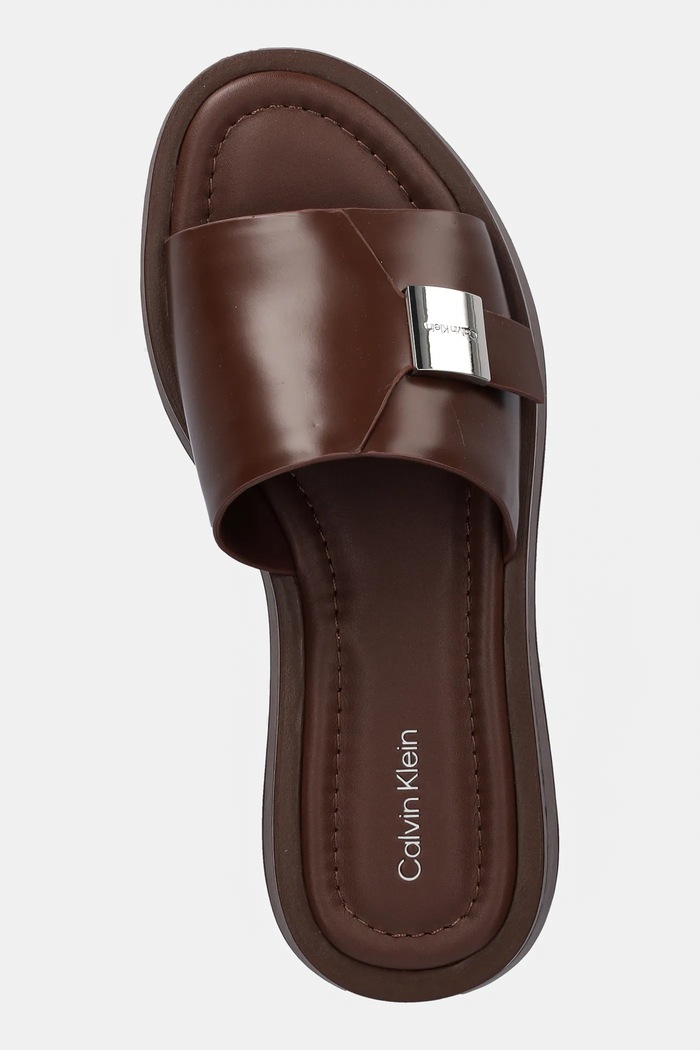 Calvin Klein klapki skórzane FLATFORM SLIDE W/CK HW - LTH brązowy HW0HW02368