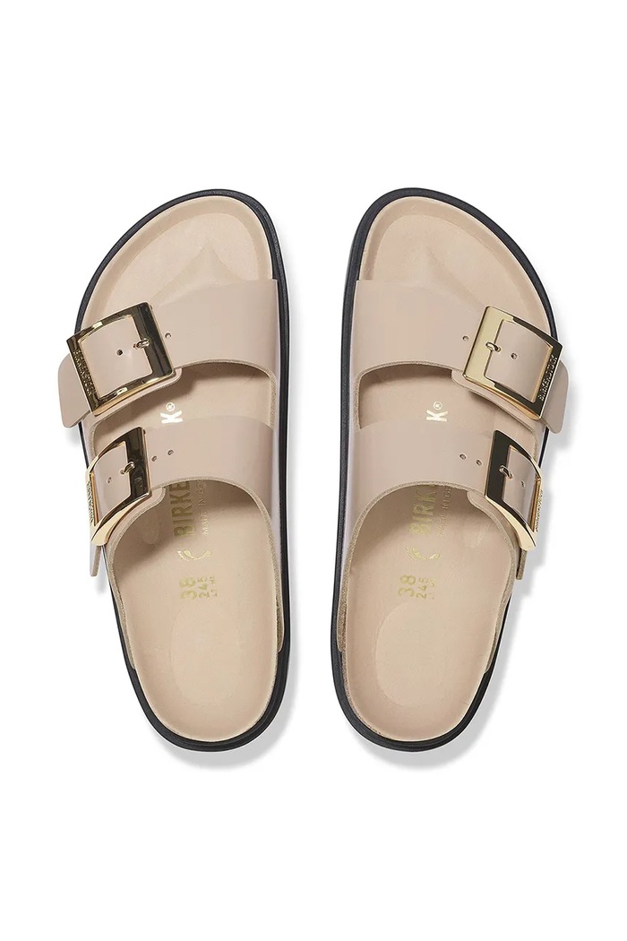 Birkenstock klapki skórzane Arizona Droplet Buckle 1029386 beżowy