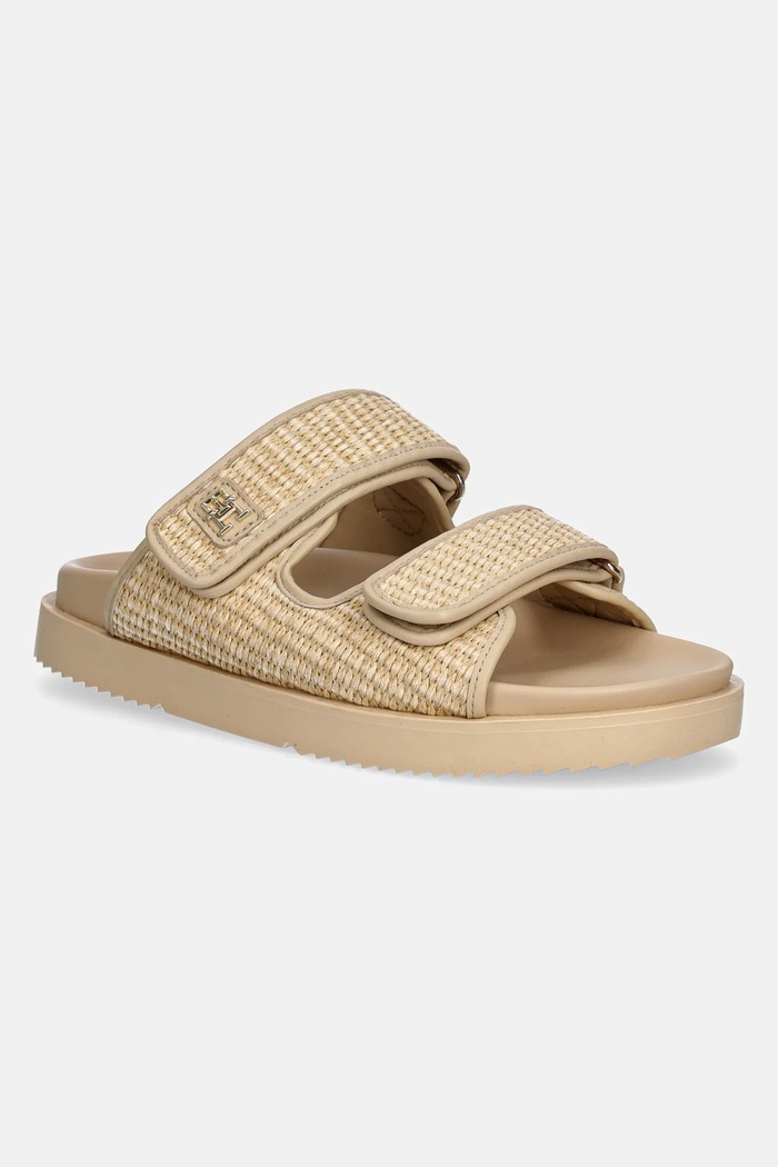 Šľapky Tommy Hilfiger TH DOUBLE STRAP RAFFIA SANDAL plochý béžová FW0FW08940