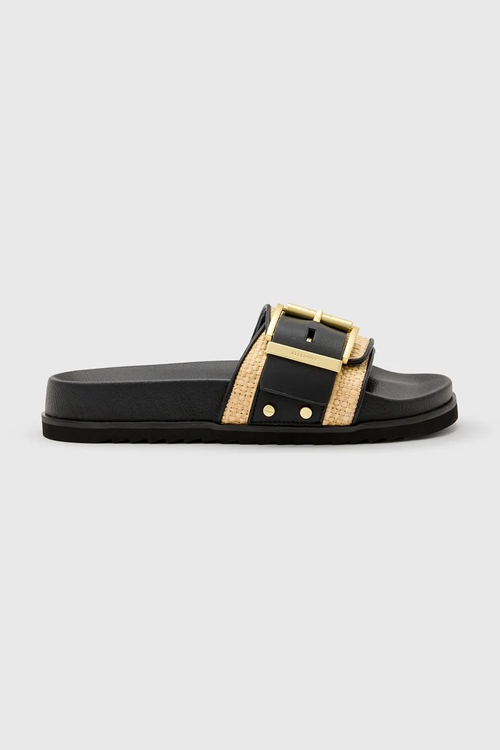 Pantofle AllSaints Ellie Raffia Slider bez podpatku černá W003FD