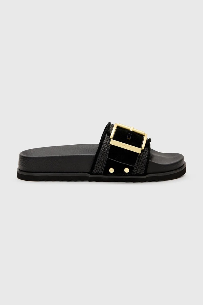 Pantofle AllSaints Ellie Raffia Slider semišová kůže černá W094FC