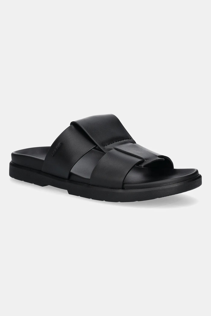 Pantofle Calvin Klein LUG SANDAL DOUBLE T LTH přírodní kůže černá HM0HM01734