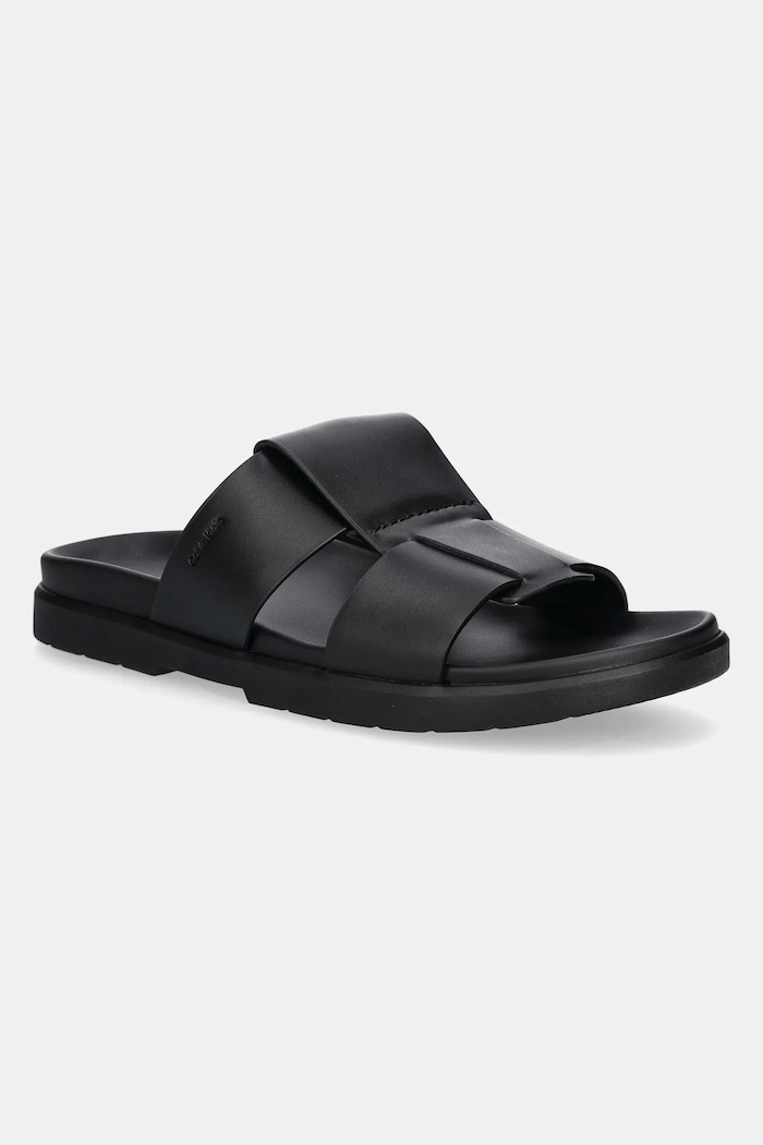 Pantofle Calvin Klein LUG SANDAL DOUBLE T LTH přírodní kůže černá HM0HM01734