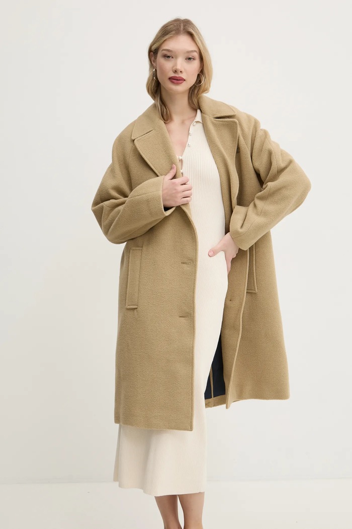 Kabát s prímesou vlny Tommy Jeans bez kapucne béžová DW0DW20166