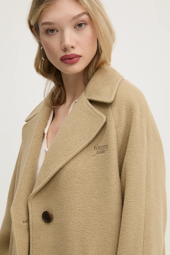 Kabát s prímesou vlny Tommy Jeans béžová DW0DW20166