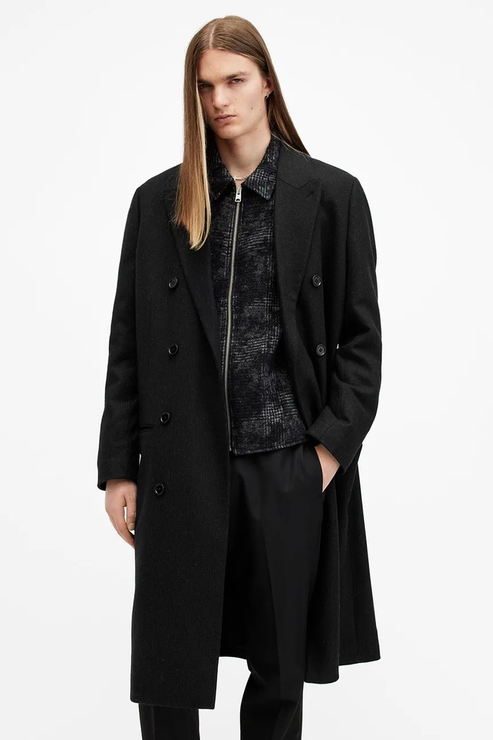 Vlněný kabát AllSaints ARCADE M014OB černá SS25