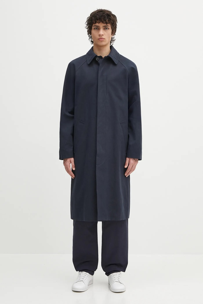 A.P.C. płaszcz z domieszką lnu Mac Edouard bez kaptura granatowy COGXT.M01549