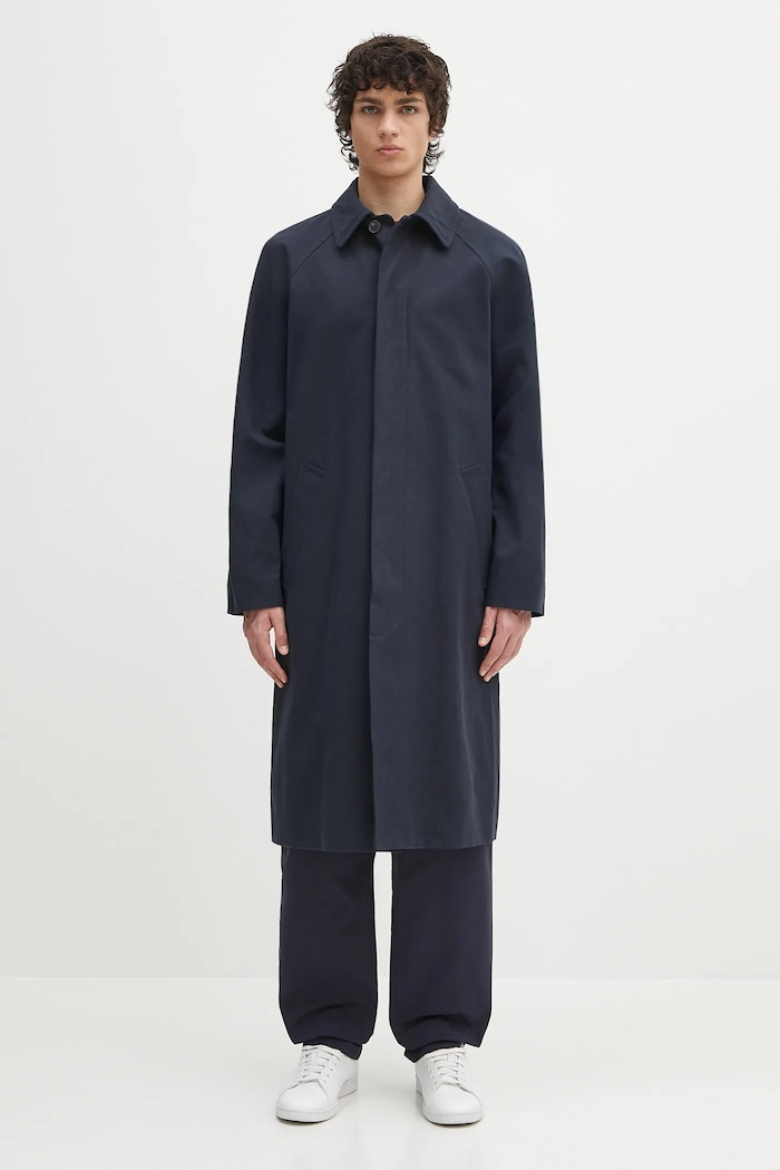 A.P.C. płaszcz z domieszką lnu Mac Edouard bez kaptura granatowy COGXT.M01549