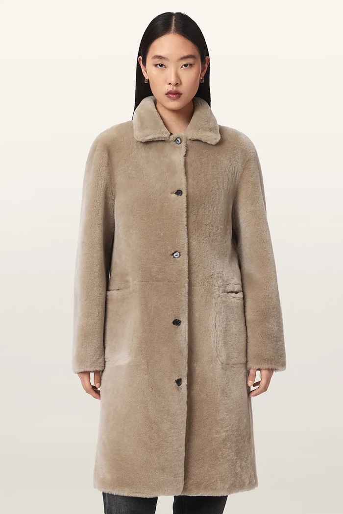 AllSaints Płaszcz damski skórzany SERRA beżowy W119LB