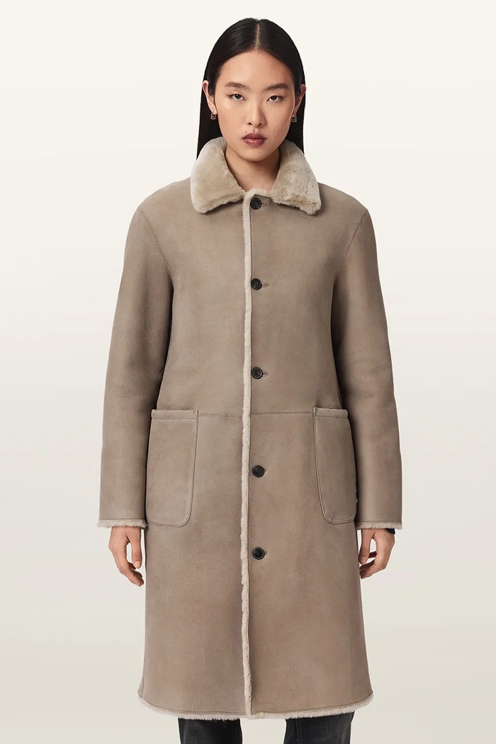 AllSaints Płaszcz damski skórzany SERRA W119LB beżowy AW25