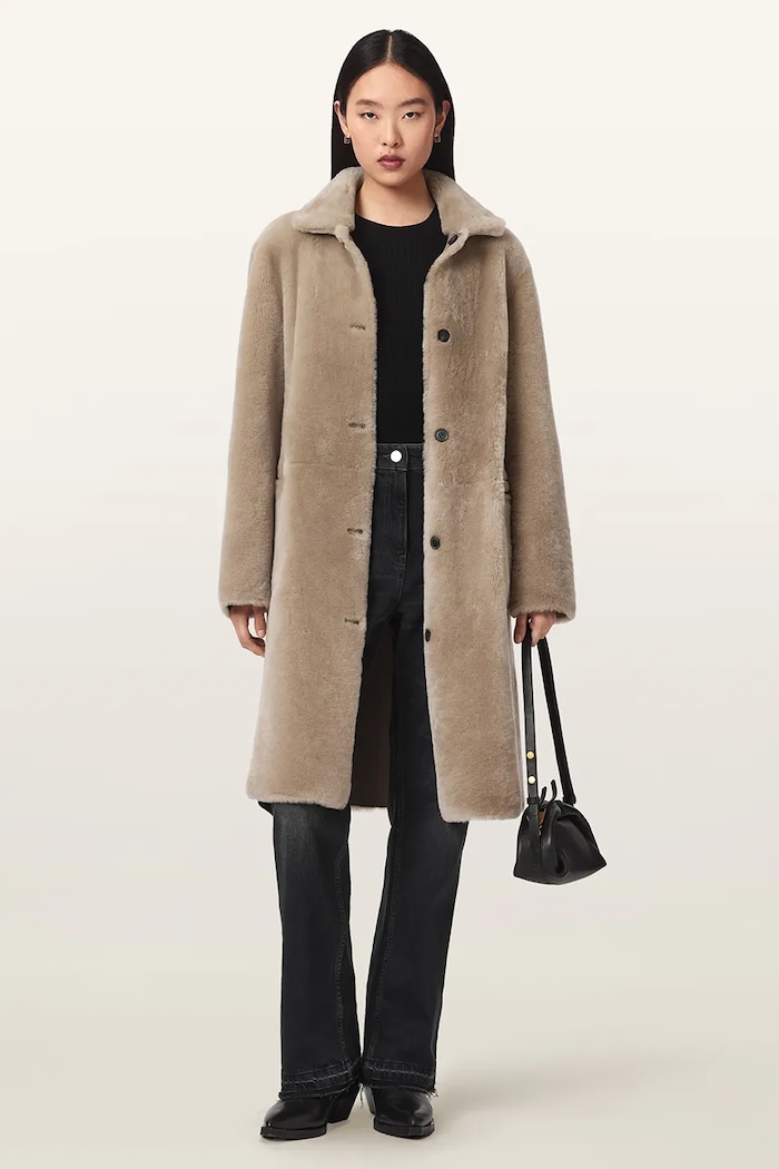Odzież AllSaints Płaszcz damski skórzany SERRA W119LB beżowy