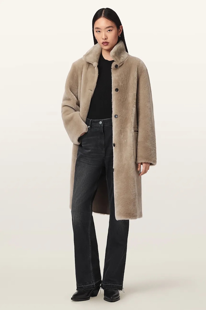 Płaszcz damski skórzany SERRA AllSaints beżowy W119LB