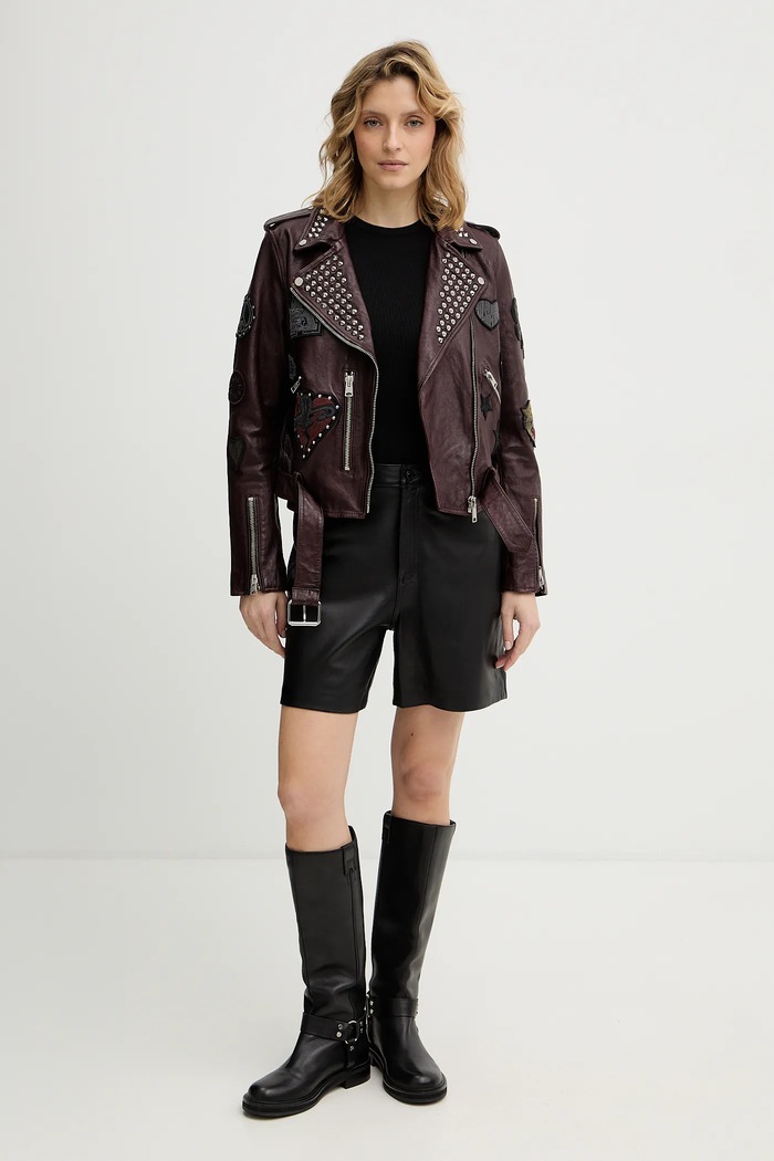 AllSaints ramoneska skórzana COLLEGE W138LB bordowy SS26