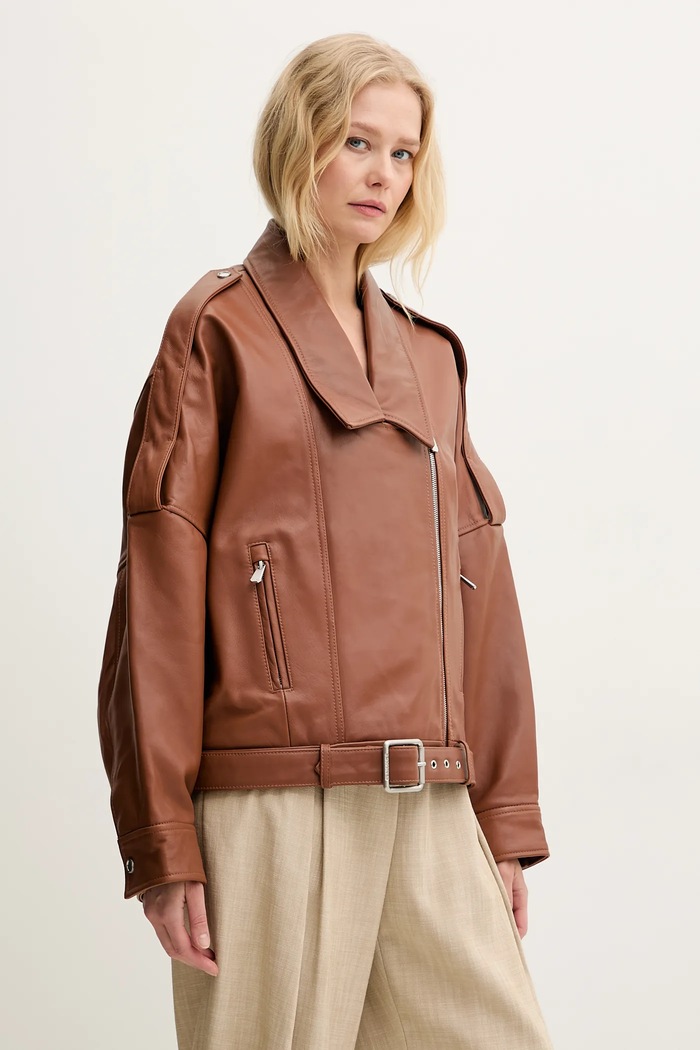 Kožená bunda Pinko oversize hnedá 104877.A21L