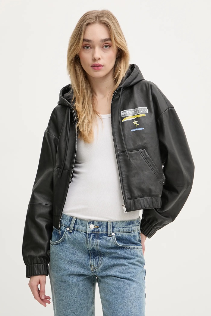 Kožená bunda Moschino Jeans s kapucí černá 3707.3216
