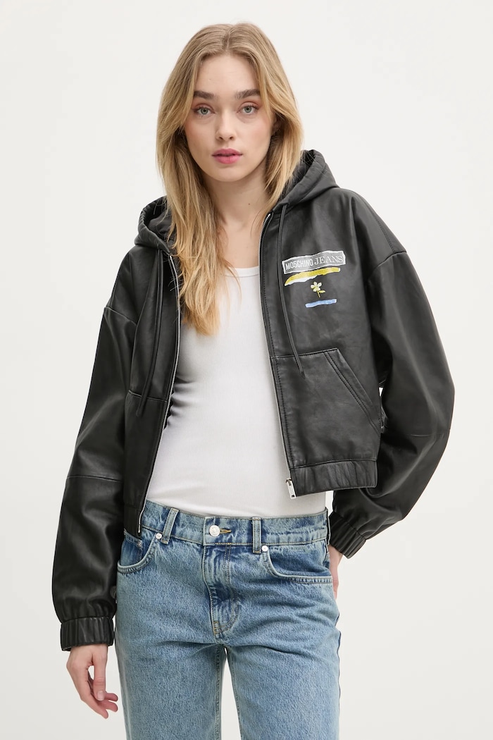 Kožená bunda Moschino Jeans s kapucí černá 3707.3216