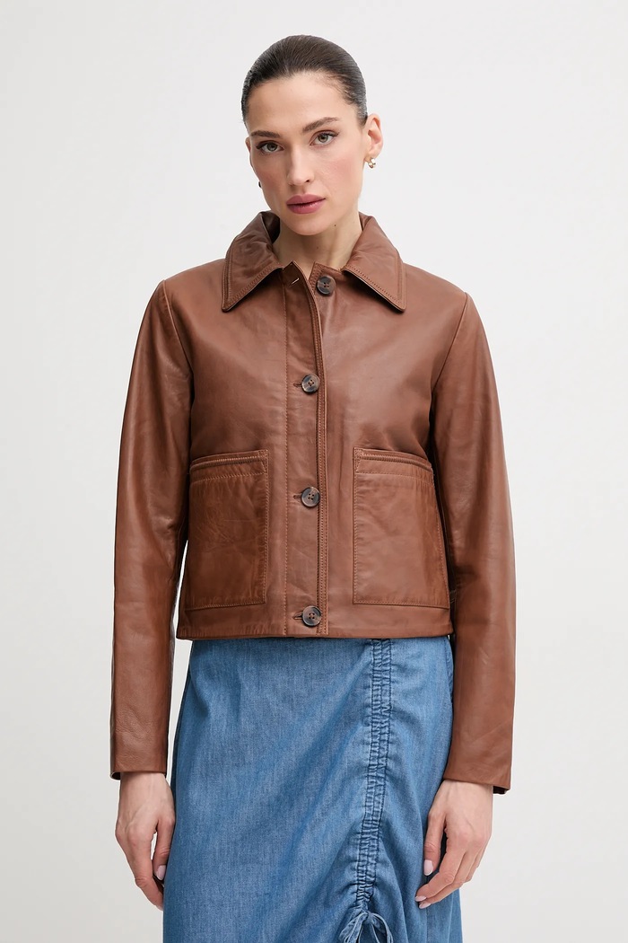 Pepe Jeans kurtka skórzana HILLARY nieocieplane brązowy PL402542