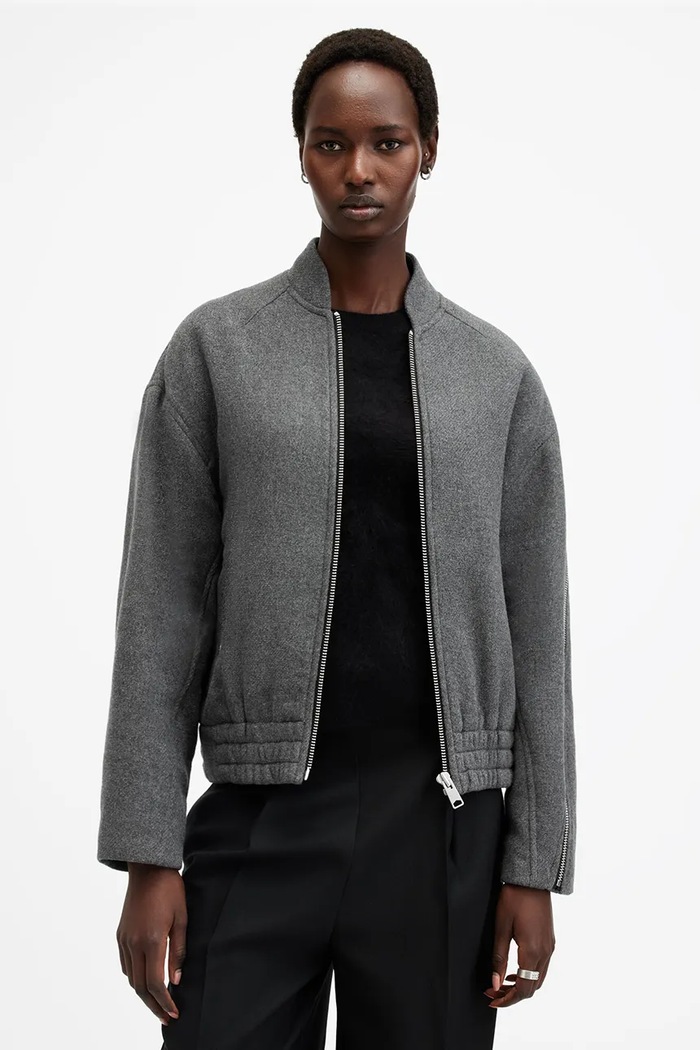 AllSaints jachetă bomber din amestec de lână HACKNEY cu captuseala gri W012OB