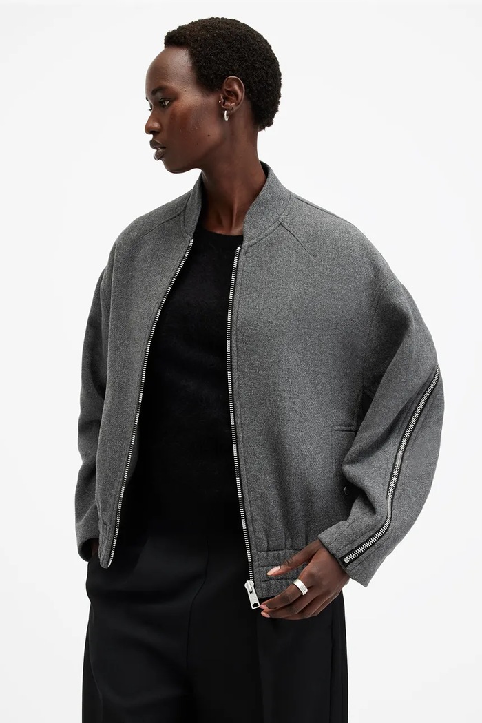 AllSaints jachetă bomber din amestec de lână HACKNEY W012OB gri SS25