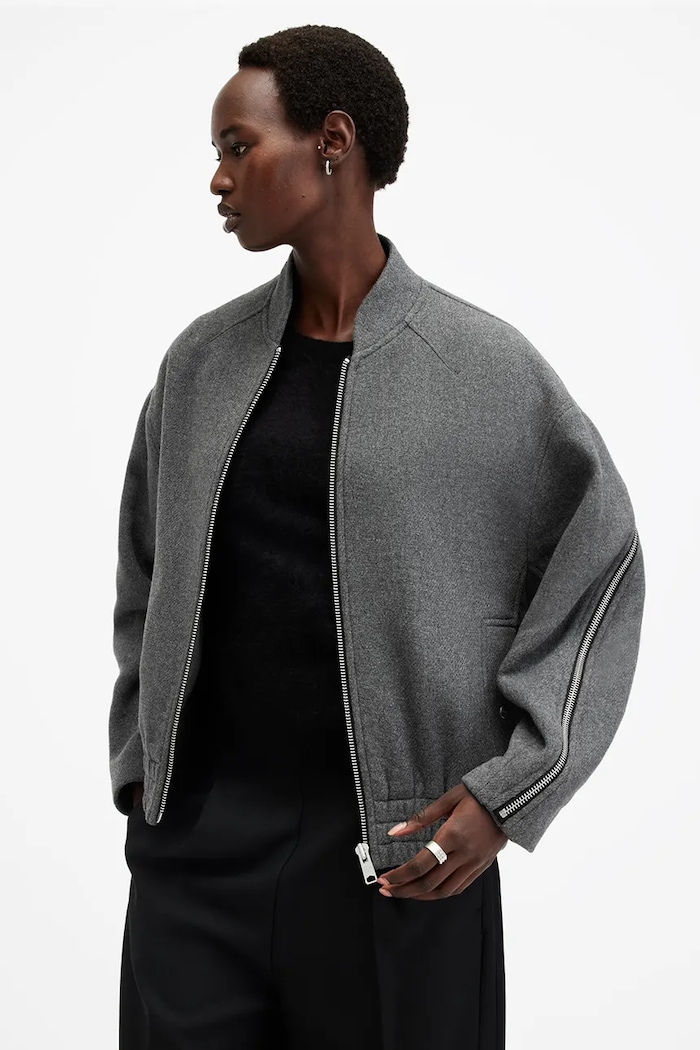 AllSaints jachetă bomber din amestec de lână HACKNEY W012OB gri SS25