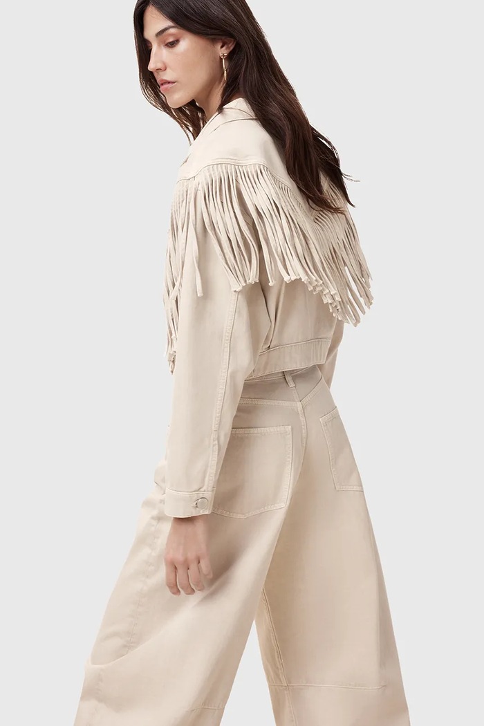 Βαμβακερό μπουφάν AllSaints MARLENE FRNGE W057OC μπεζ