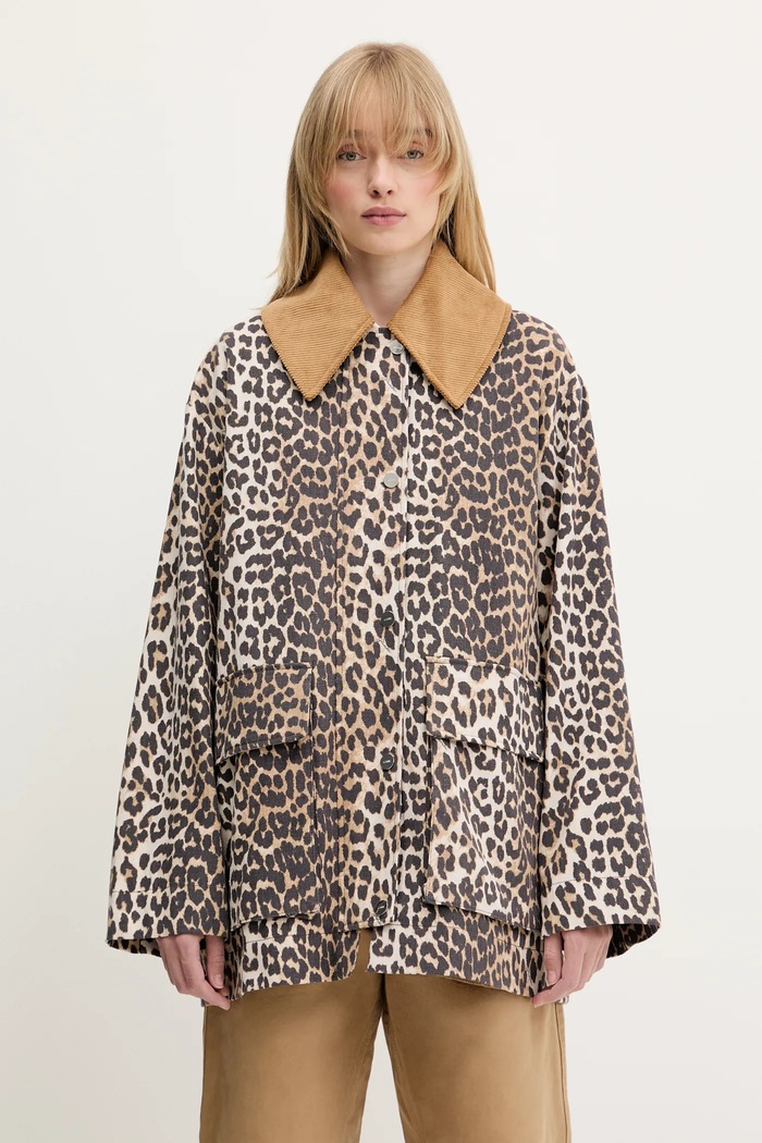 GANNI kurtka Printed Canvas Midi bez kaptura brązowy W0391