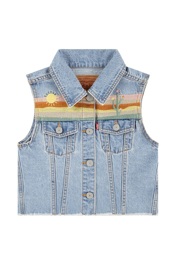 Levi's bezrękawnik jeansowy dziecięcy XS VEST WITH EMBROIDERY bez kaptura niebieski 4EM411