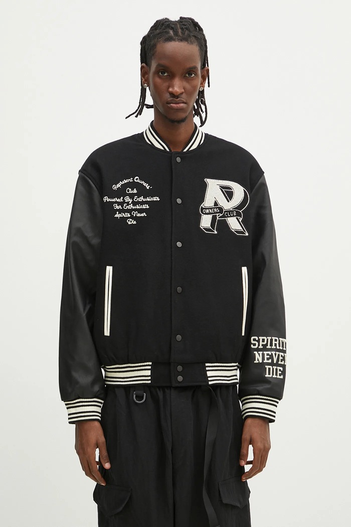 Μάλλινο μπουφάν bomber Represent Owners Club Varsity Jacket μεταβατικό μαύρο MLM100231.01