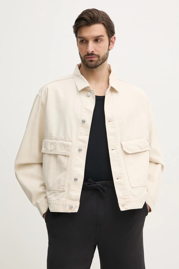 Calvin Klein Jeans kurtka z domieszką lnu nieocieplane beżowy J30J327212