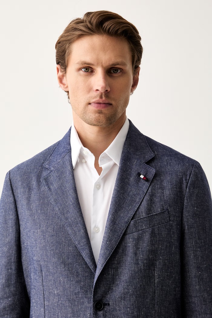 Tommy Hilfiger enoredni suknjič moški z lanom mornarsko modra SQTHL5965.SQTH503