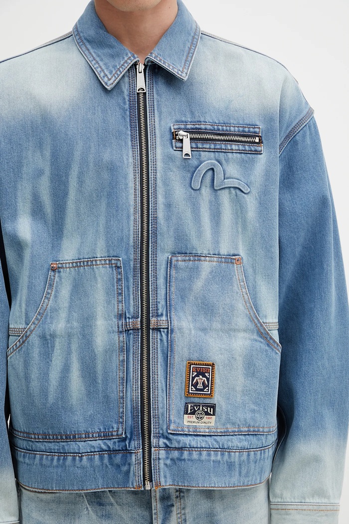 Evisu geacă jeans Worker Denim w Emboss Kamon albastru 2ESHTM5DJ1038