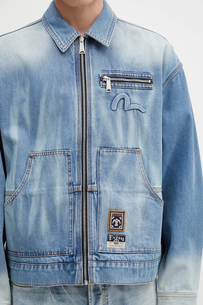 Evisu geacă jeans Worker Denim w Emboss Kamon albastru 2ESHTM5DJ1038