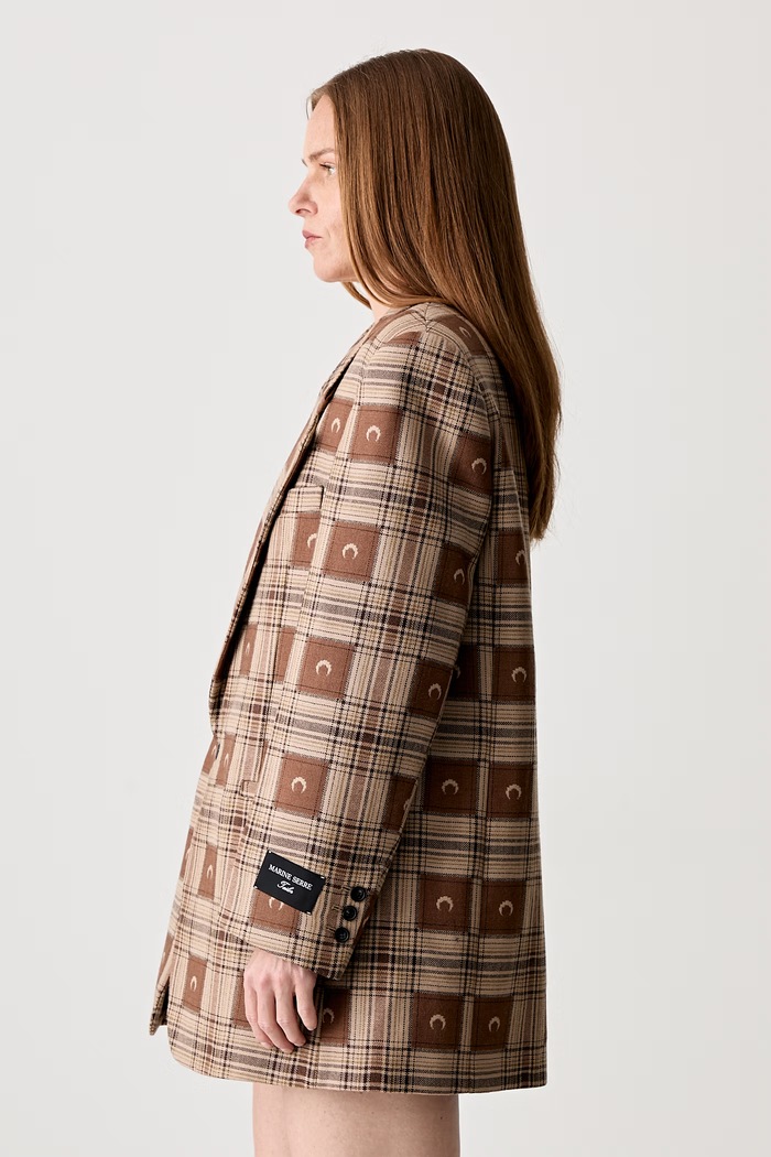 Marine Serre Moon Checks Jacquard Boxy jednoradové sako s vlnou dámske UJA066A.CWOV0064 hnedá SS25