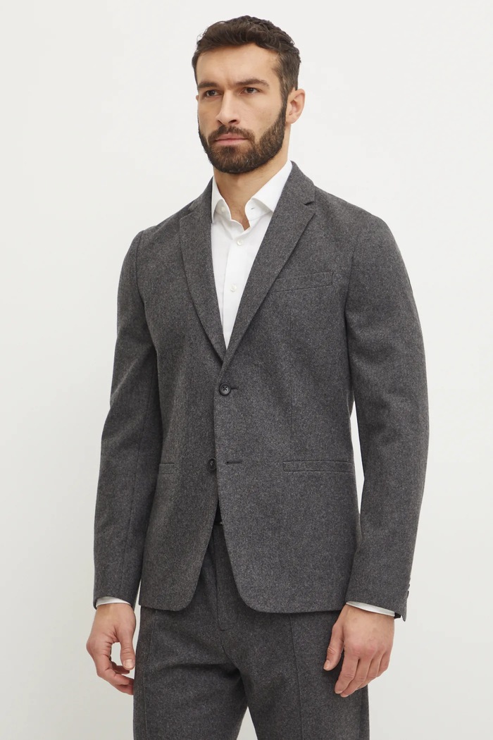 Vlněné sako Calvin Klein hladký šedá K10K113923