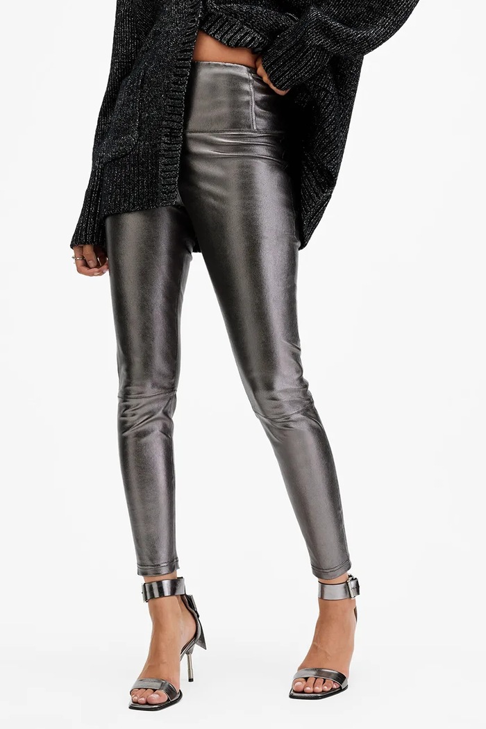 Kožené legíny AllSaints CORA W058TB stříbrná SS25