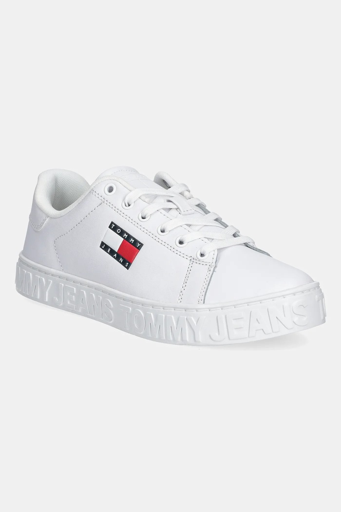Kožené sneakers boty Tommy Jeans TJW LOGO SNEAKER ESS plochá bílá EN0EN02703