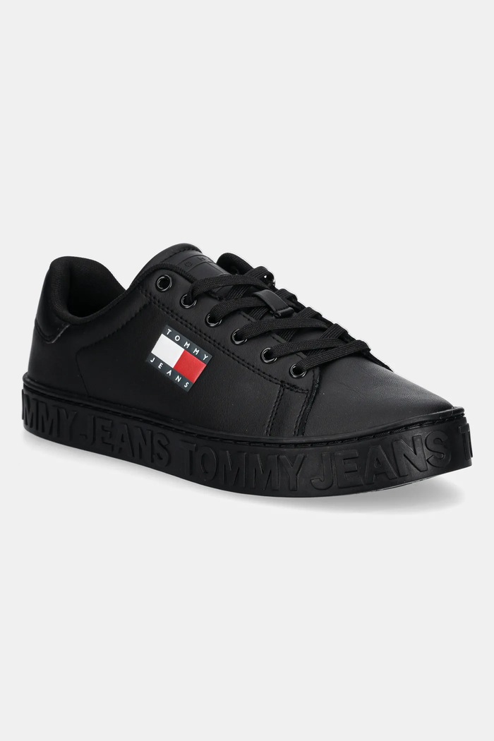 Δερμάτινα sneakers Tommy Jeans TJW LOGO SNEAKER ESS φλατ μαύρο EN0EN02703