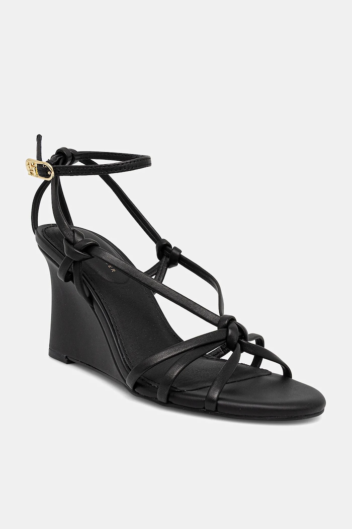 Tommy Hilfiger sandali in pelle LEATHER KNOTS WEDGE SANDAL pelle fiore nero FW0FW08417