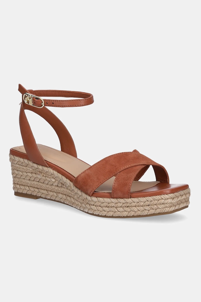 Kožne sandale Tommy Hilfiger LEATHER & SUEDE MID WEDGE ESPAD brušena koža smeđa FW0FW08804