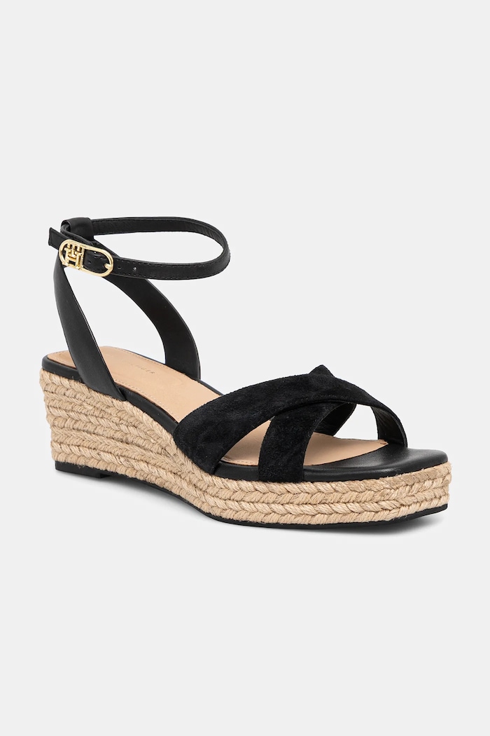 Kožne sandale Tommy Hilfiger LEATHER & SUEDE MID WEDGE ESPAD brušena koža crna FW0FW08804