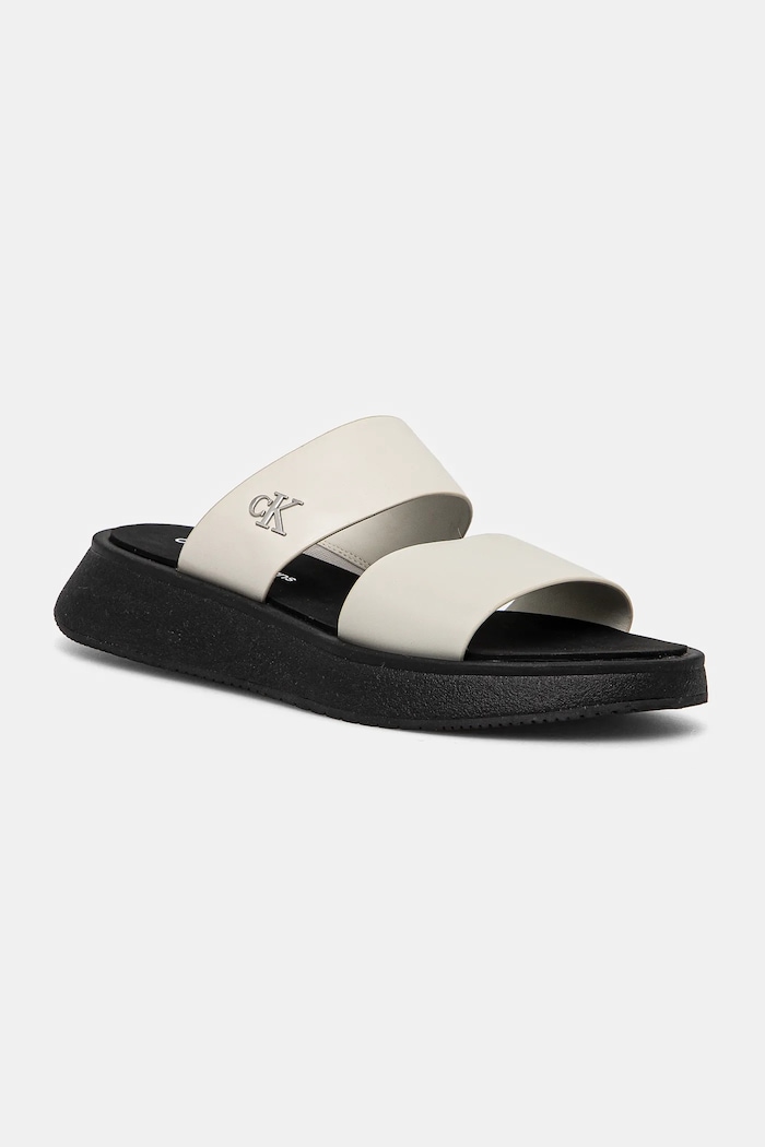 Šľapky Calvin Klein Jeans SANDAL SLIDE DOUBLE STRAP usňová koža béžová YW0YW01694