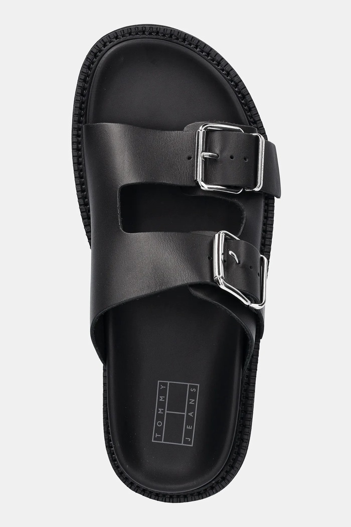 Kožené pantofle Tommy Jeans DOUBLE STRAP SANDAL černá EN0EN02753