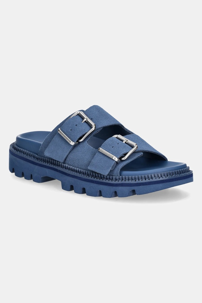 Semišové šľapky Tommy Jeans DOUBLE STRAP SANDAL SUEDE semišová koža modrá EN0EN02797