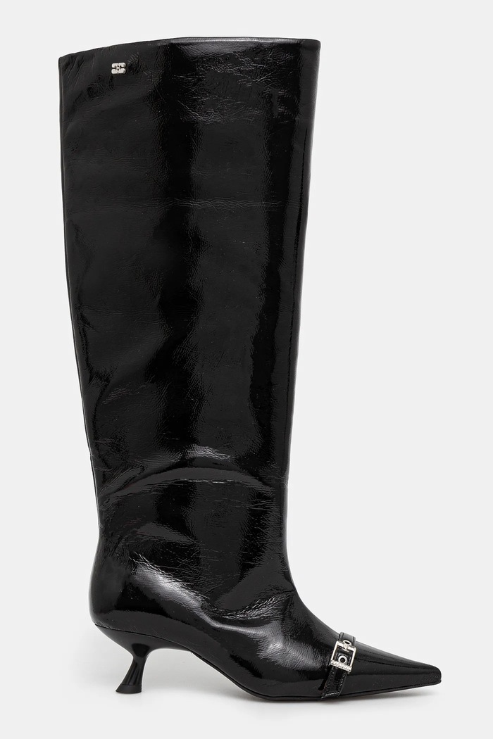GANNI kozaki Eyelets Slouchy High Shaft Boot Naplack S2835 czarny SS25