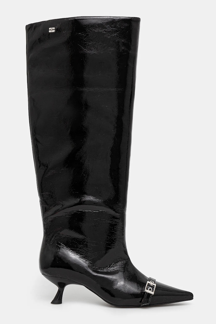 GANNI kozaki Eyelets Slouchy High Shaft Boot Naplack S2835 czarny SS25
